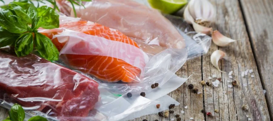 Beef, chicken and salmon in vacuum-sealed plastic bags for sous vide cooking.