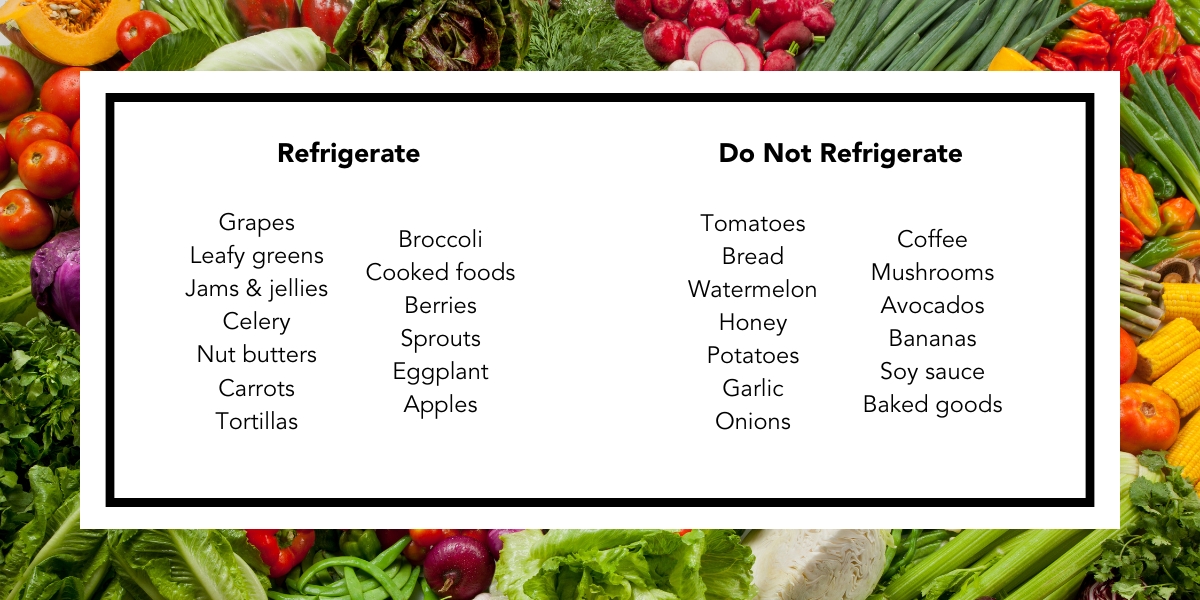 An infographic with vegetables in the background that features lists of foods that can and cannot be refrigerated