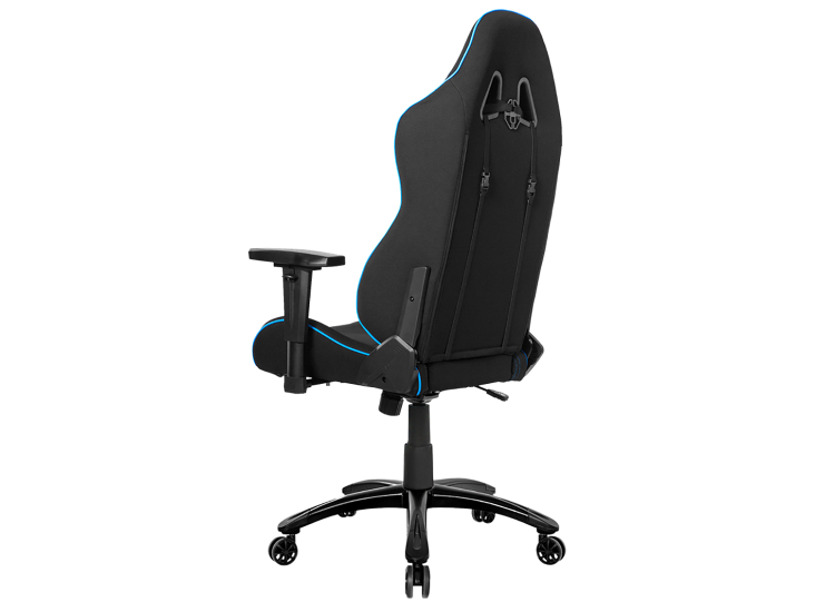 Side view of black and blue AKRACING gaming chair with curved back and armrest.