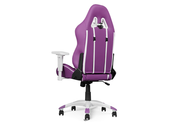 Front view of purple AKRACING gaming chair with white frame and armrests.