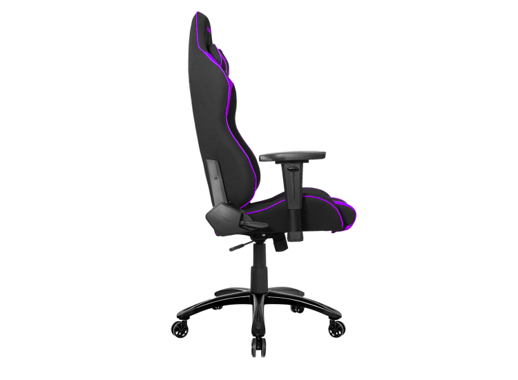 Back view of purple and black gaming chair showing harness-style backrest and racing-style padding