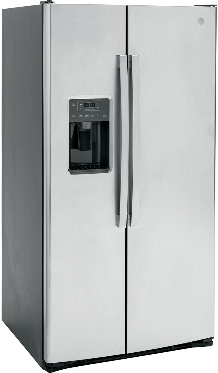 Right angle view of stainless steel refrigerator