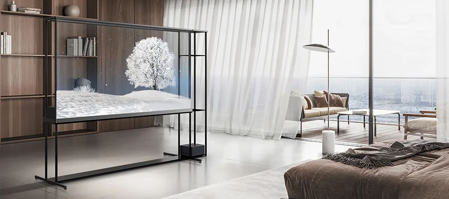 The LG OLED T TV standing in front of bookshelves while the transparent screen displays a snowy nature scene in front of a living room