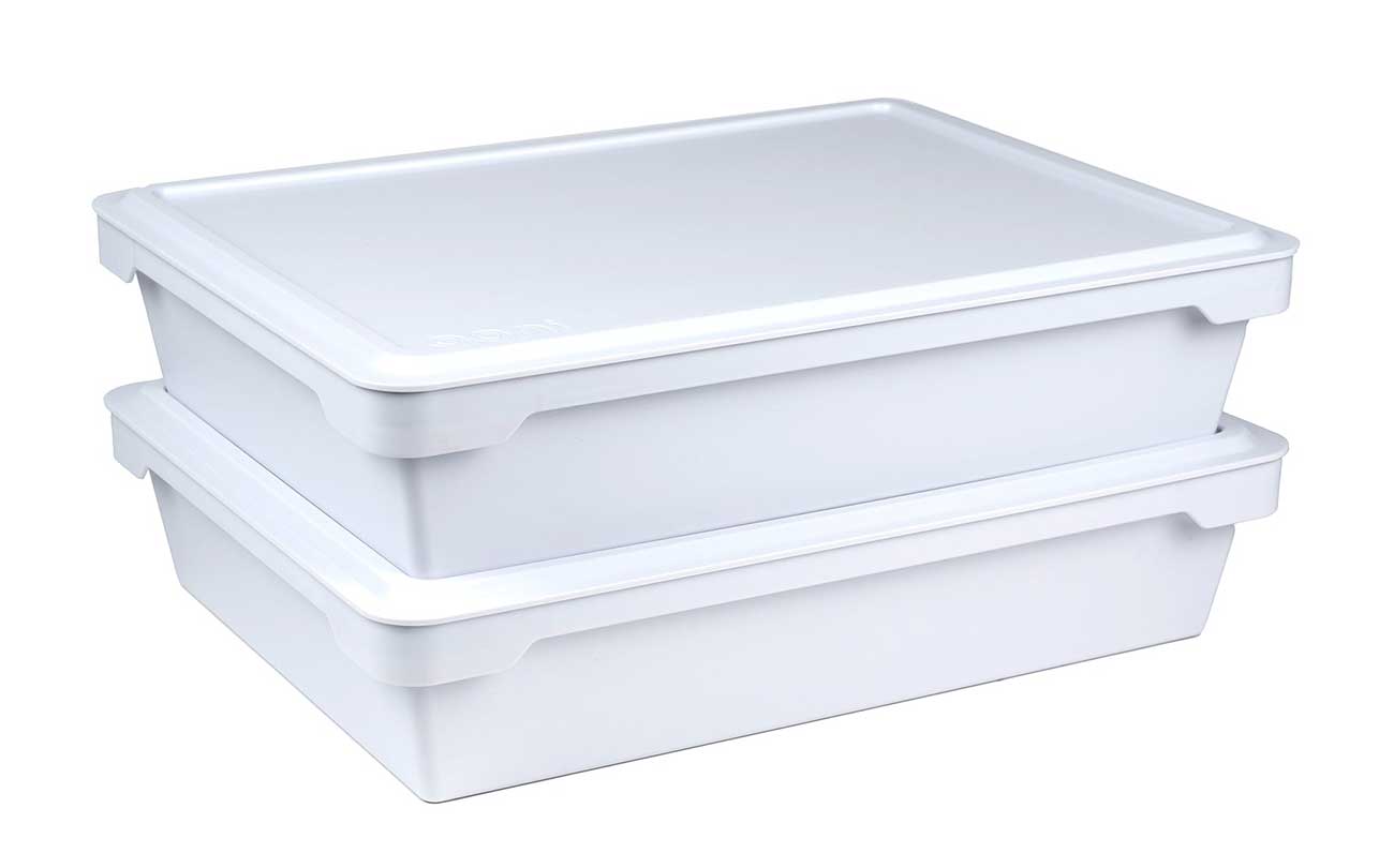 angled front view of pizza dough boxes in white