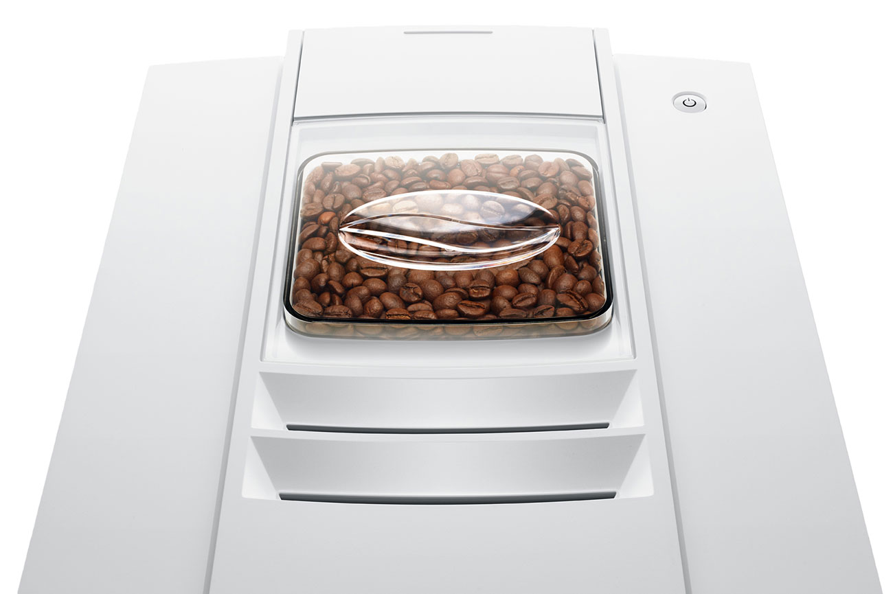 Closeup View of Coffee Beans in the Jura E4 White Coffee Machine - 15560