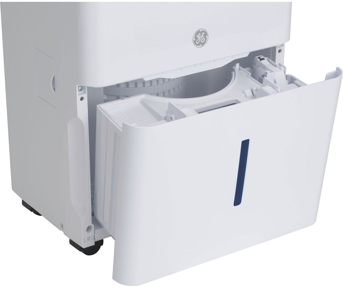 White Haier 50 Pint Dehumidifier Showing a Pullet Out Water Bucket 