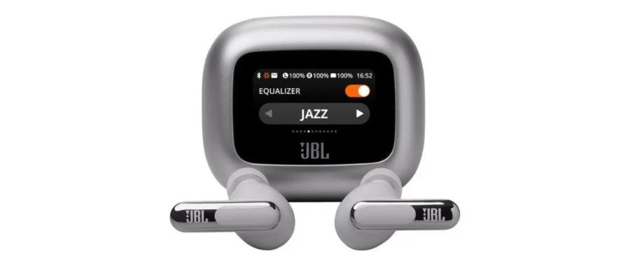 Image of the JBL live beam headphones, screen and case