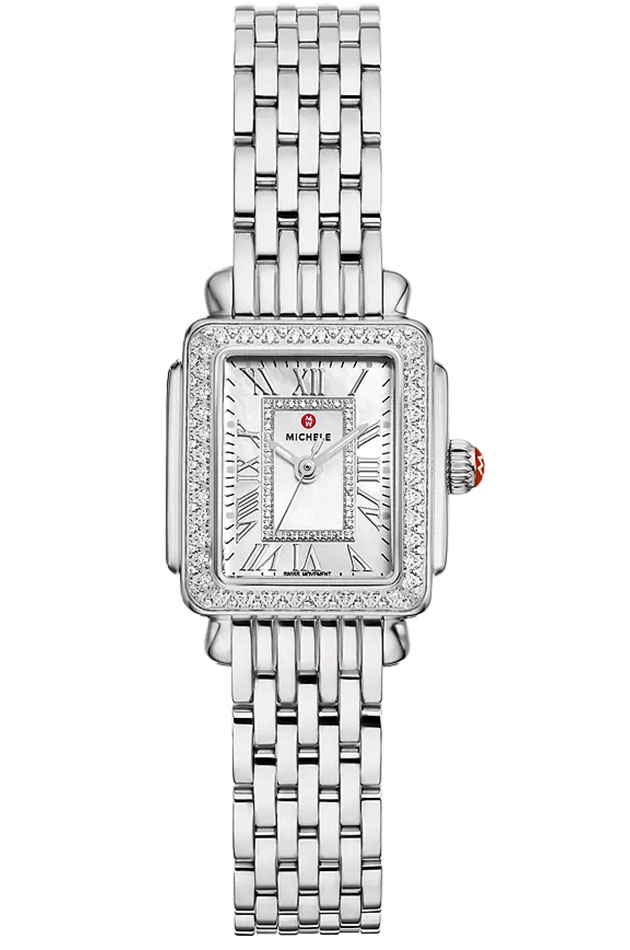 Front view of Michele Deco Madison Mini Watch with White Dial