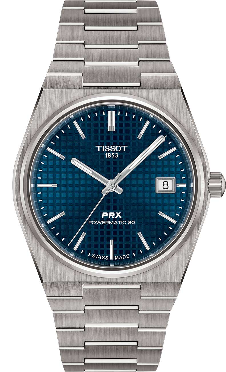 Front view of Tissot PRX Titanium Watch with Blue Dial