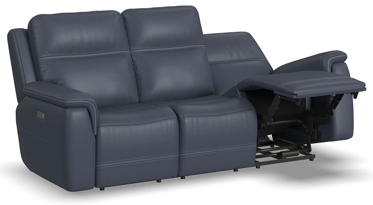 Angle view of Flexsteel Sawyer Blue Leather Power Reclining Sofa reclining