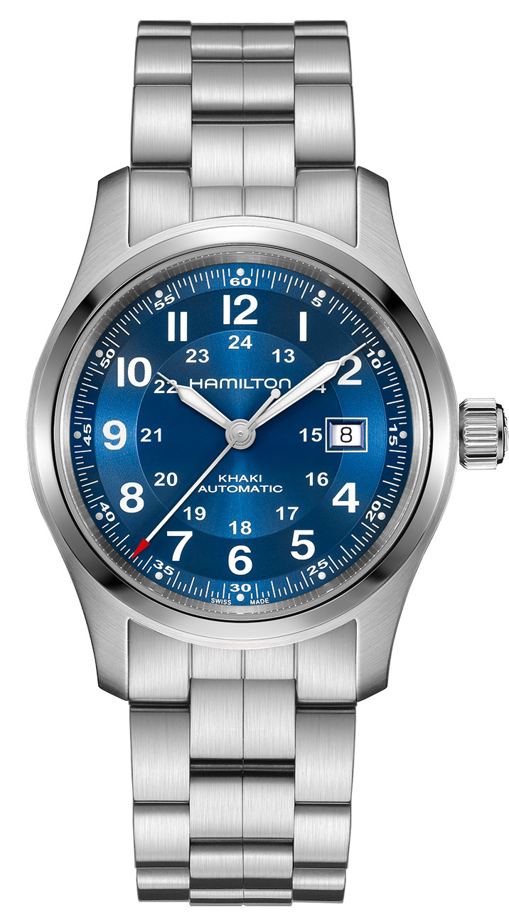 Front view of Hamilton Khaki Field Auto Watch with Blue Dial