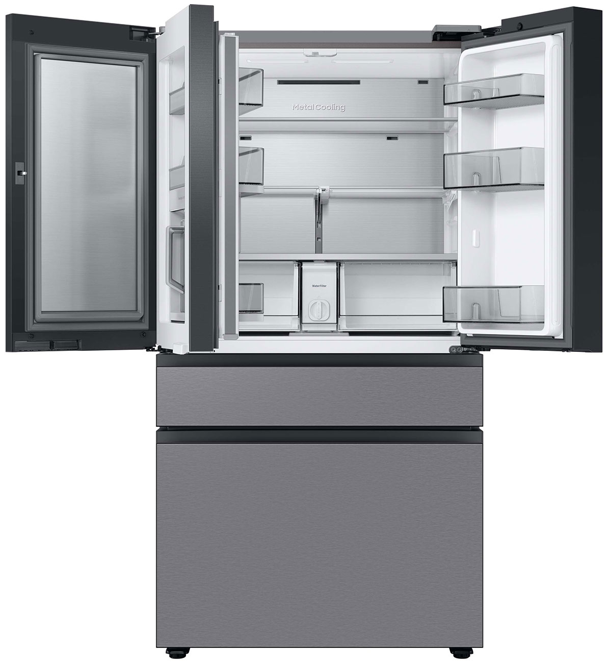 Open outer beverage center door and upper doors with nothing inside.