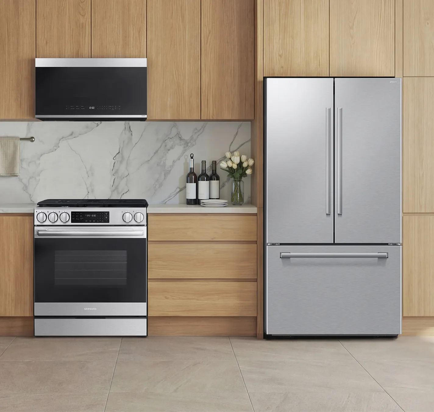 Kitchen with range, microwave, and refrigerator
