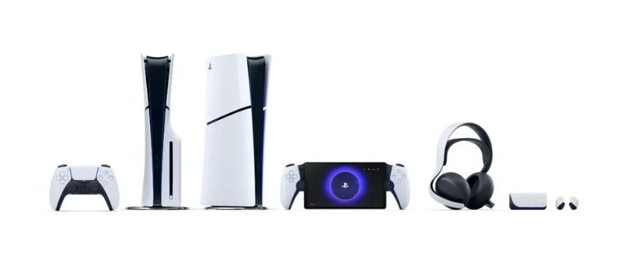 A PS5 remote, PS5 disc console, PS5 digital console, Portal remote player, elite headset, and freedom headphones
