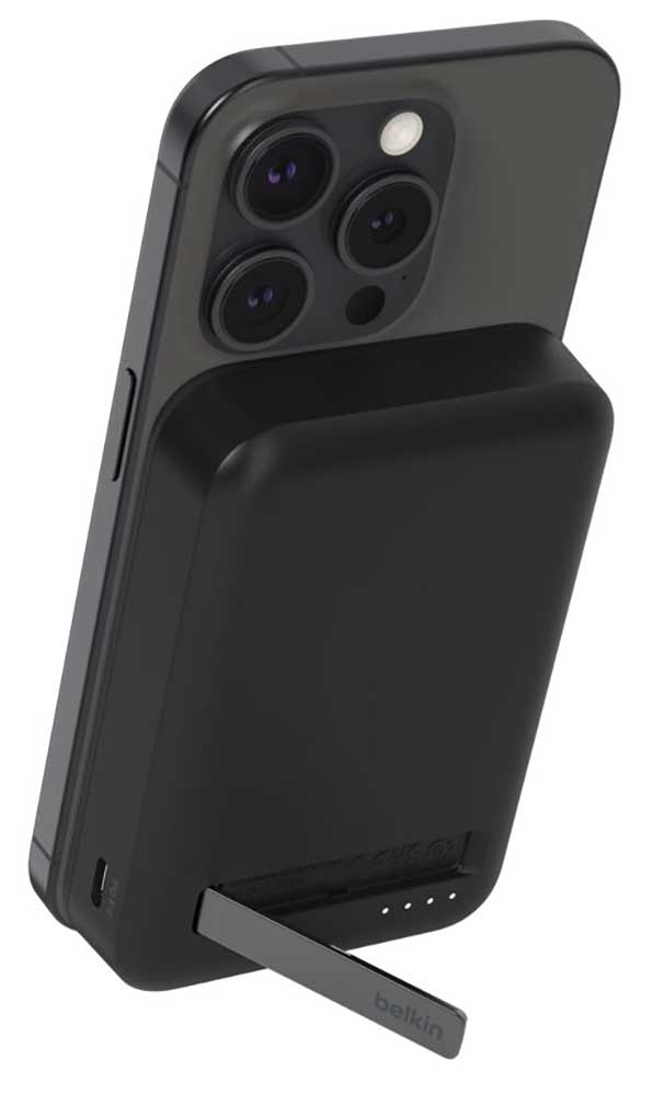 Rear Angled View of Belkin Wireless Portable Charger with iPhone