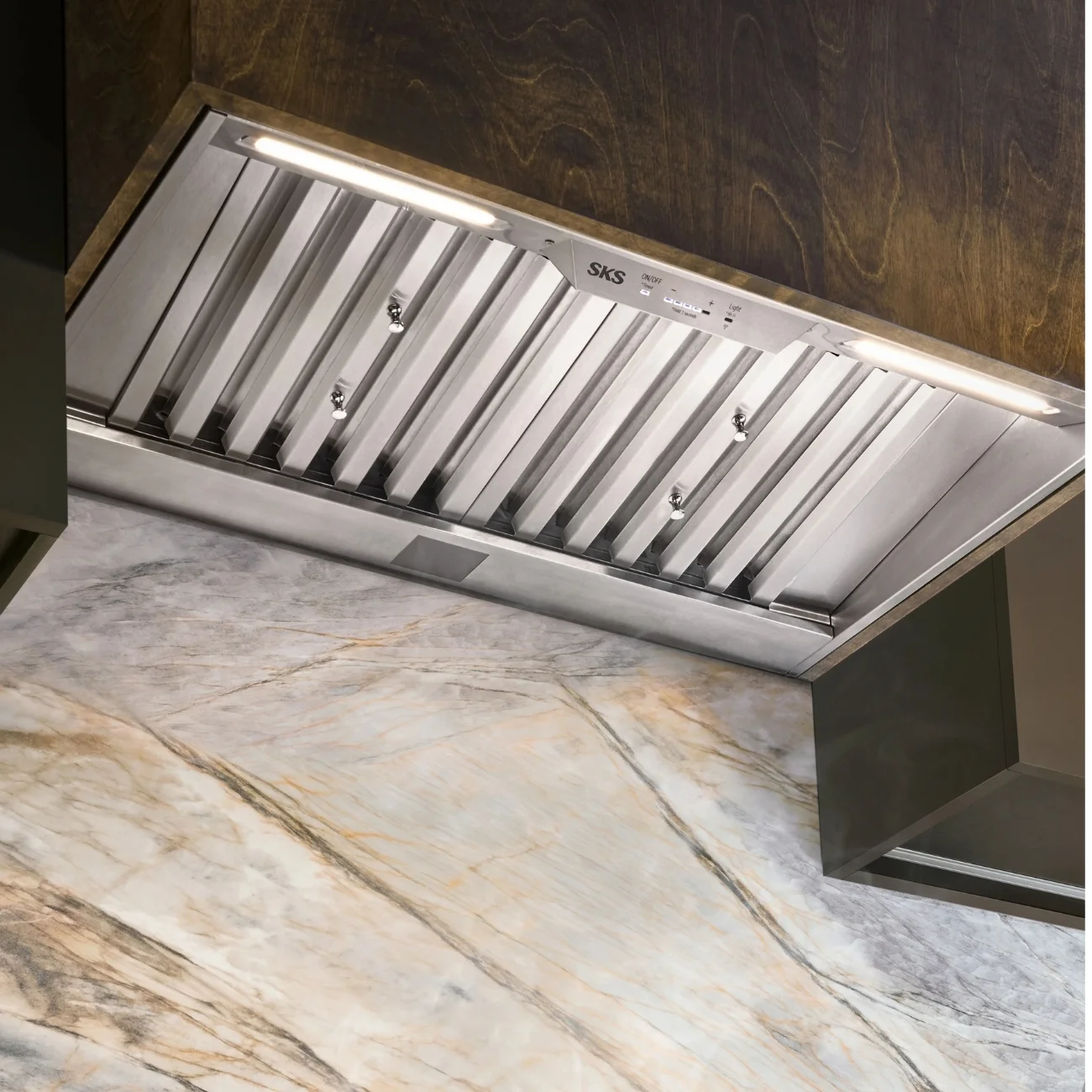 SKS hood installed above a kitchen cooking surface