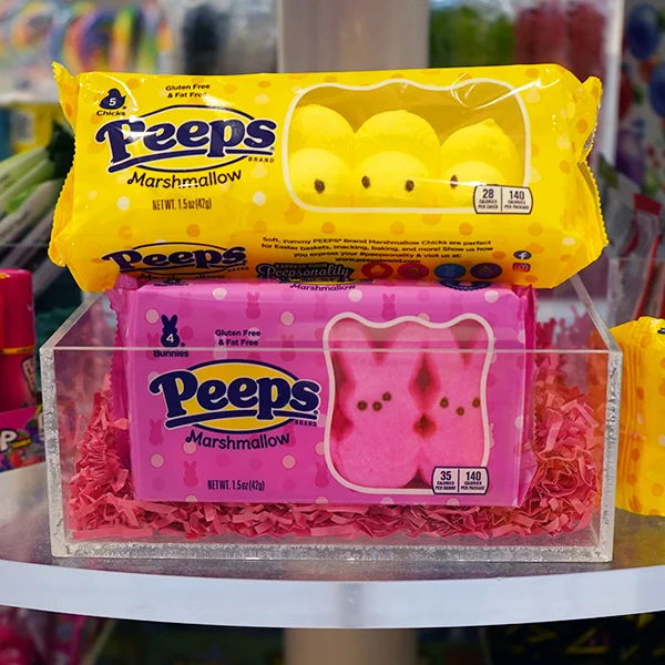 Yellow and pink marshmallow Peeps in the Abt candy store