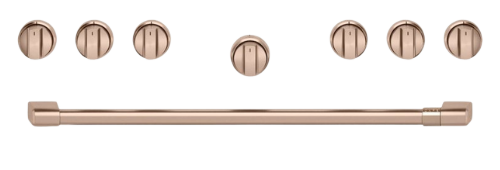 A set of four stylish copper handles and knobs ideal for enhancing cafe appliances