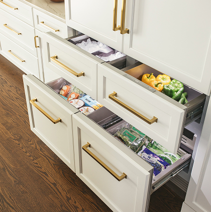 Fresh vegetables stored in the Thermador refrigerator's ThermaFlex drawer, which features adjustable temperature presets to maintain optimal freshness