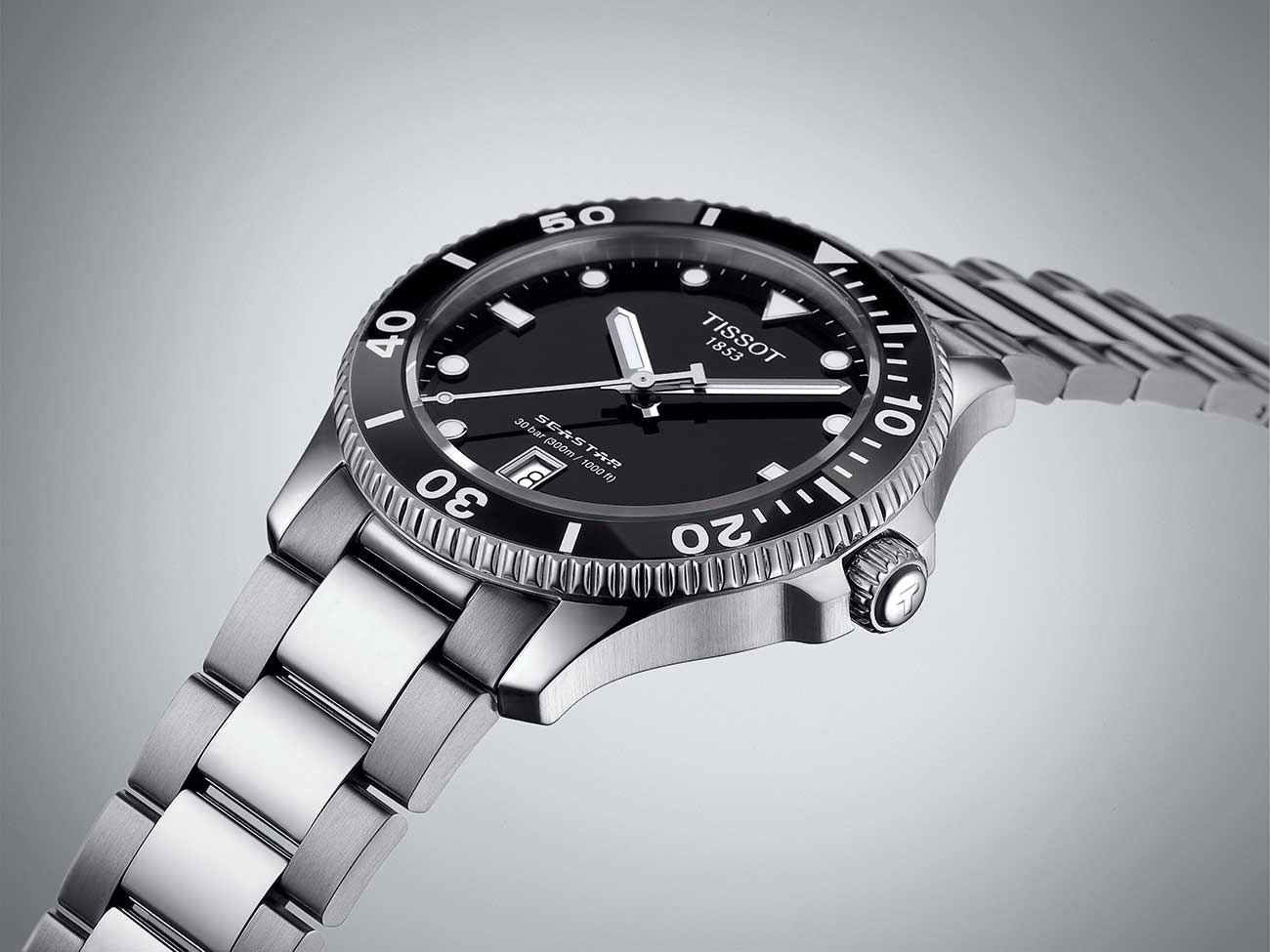 Angled Up View of Tissot Seastar 1000 Black Dial Watch