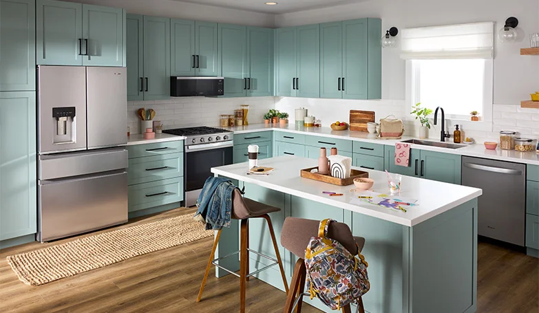 wide shot of a modern kitchen showcasing whirlpool appliances emphasising the conveinence of kitchen appliance packages