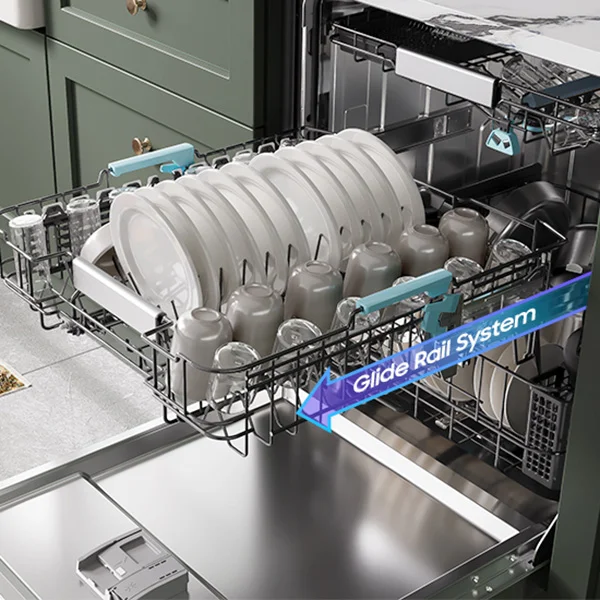 open Samsung dishwasher with top rack holding plates and cups