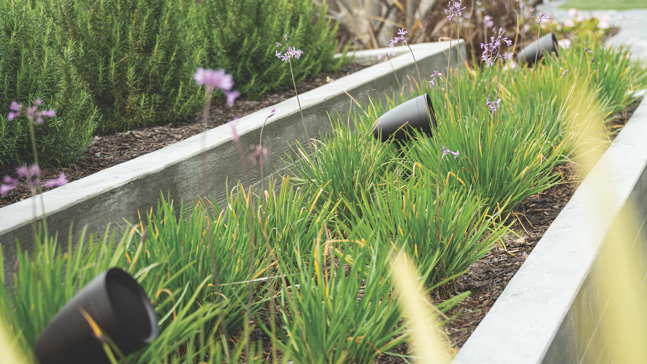 Elegant outdoor living space with Sonance garden audio