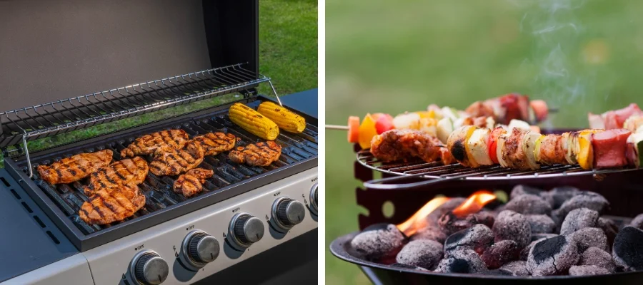 On the left is chicken and corn cooking on a gas grill. On the right are veggie skewers cooking over a charcoal grill.