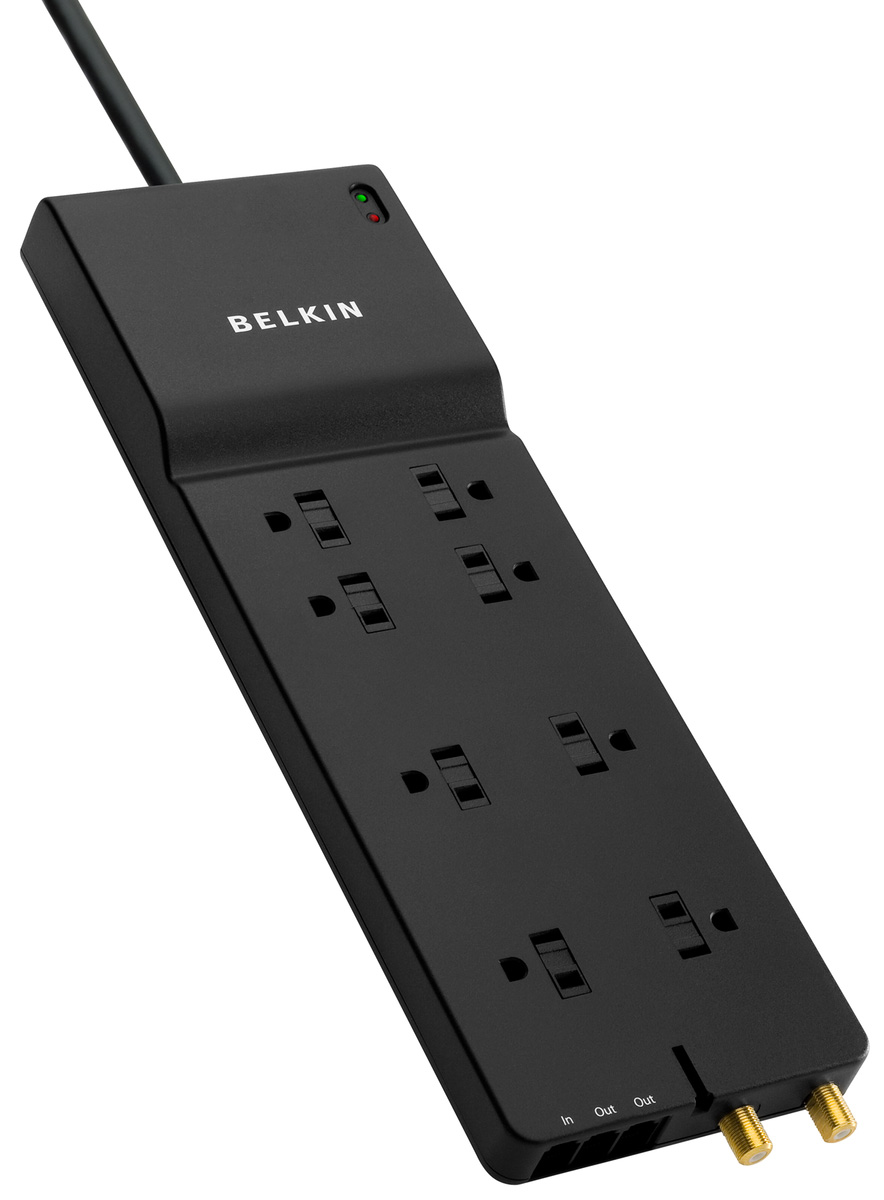 Perspective view of Belkin 8-outlet surge protector with coax exposed, black finish