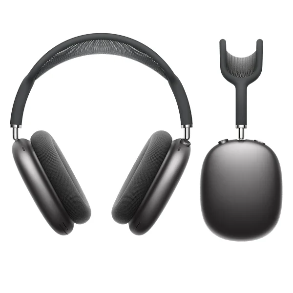 A black pair of Apple AirPods Max headphones viewed from the front angle and the side angle
