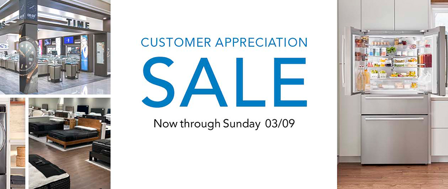 Photos of watches, mattresses and fridges at Abt with text over it that reads Customer Appreciation Sale Now through Sunday 03/09