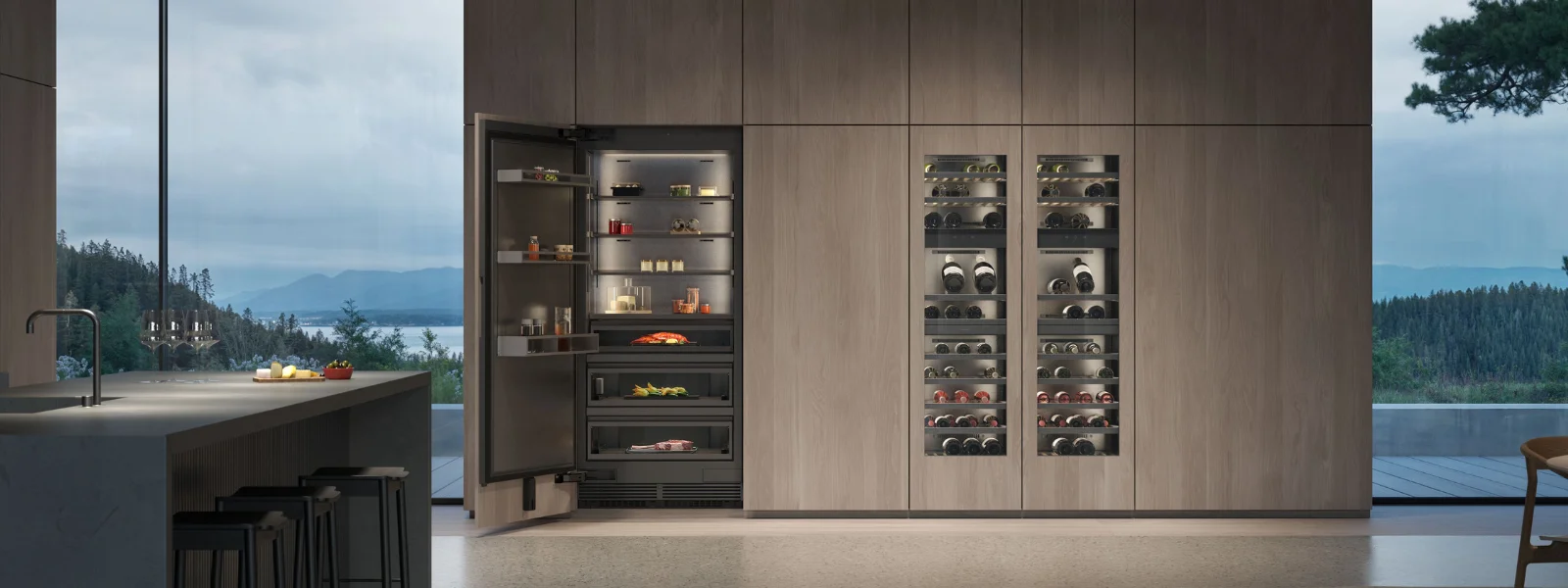 A contemporary Gaggenau refrigerator with a glass door ajar, revealing its stylish interior and advanced features