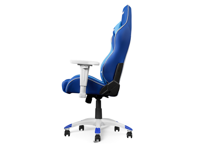 Blue AkRacing gaming chair with ergonomic back, adjustable armrests, and white base, front view.