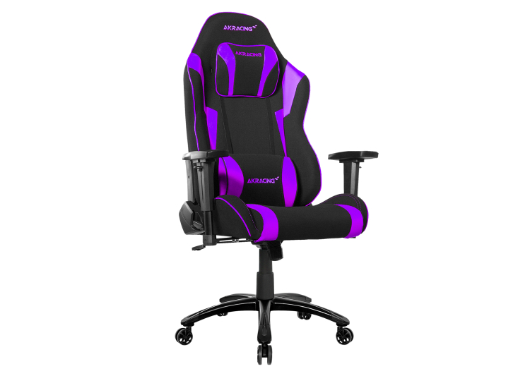 Side view of purple and black gaming chair with adjustable armrests and wheels