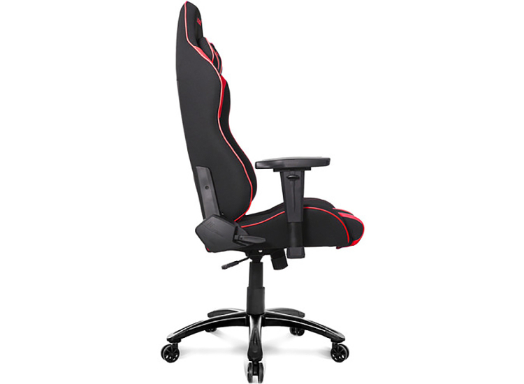 Rear view of gaming chair with headrest harness detail and red piping along edges
