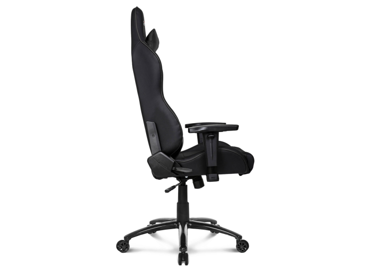 Left side profile of black gaming chair showing armrest and reclining features