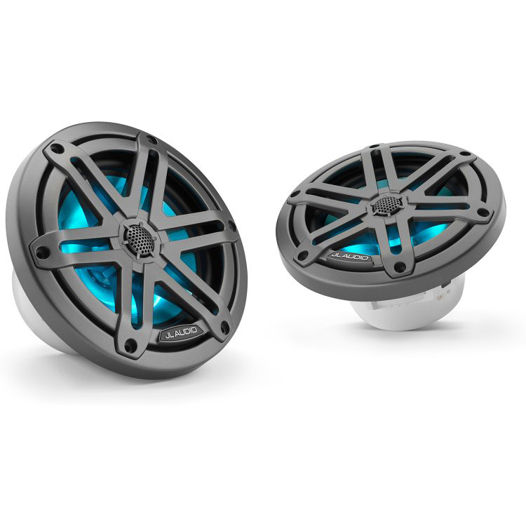 Two JL audio marine speakers with blue accents - product image