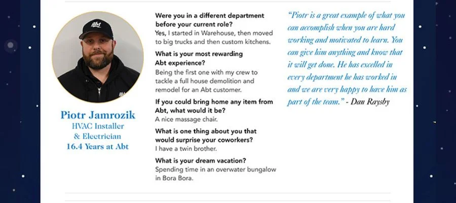 Piotr Jamrozik, HVAC installer & Electrician, Star Employee Description