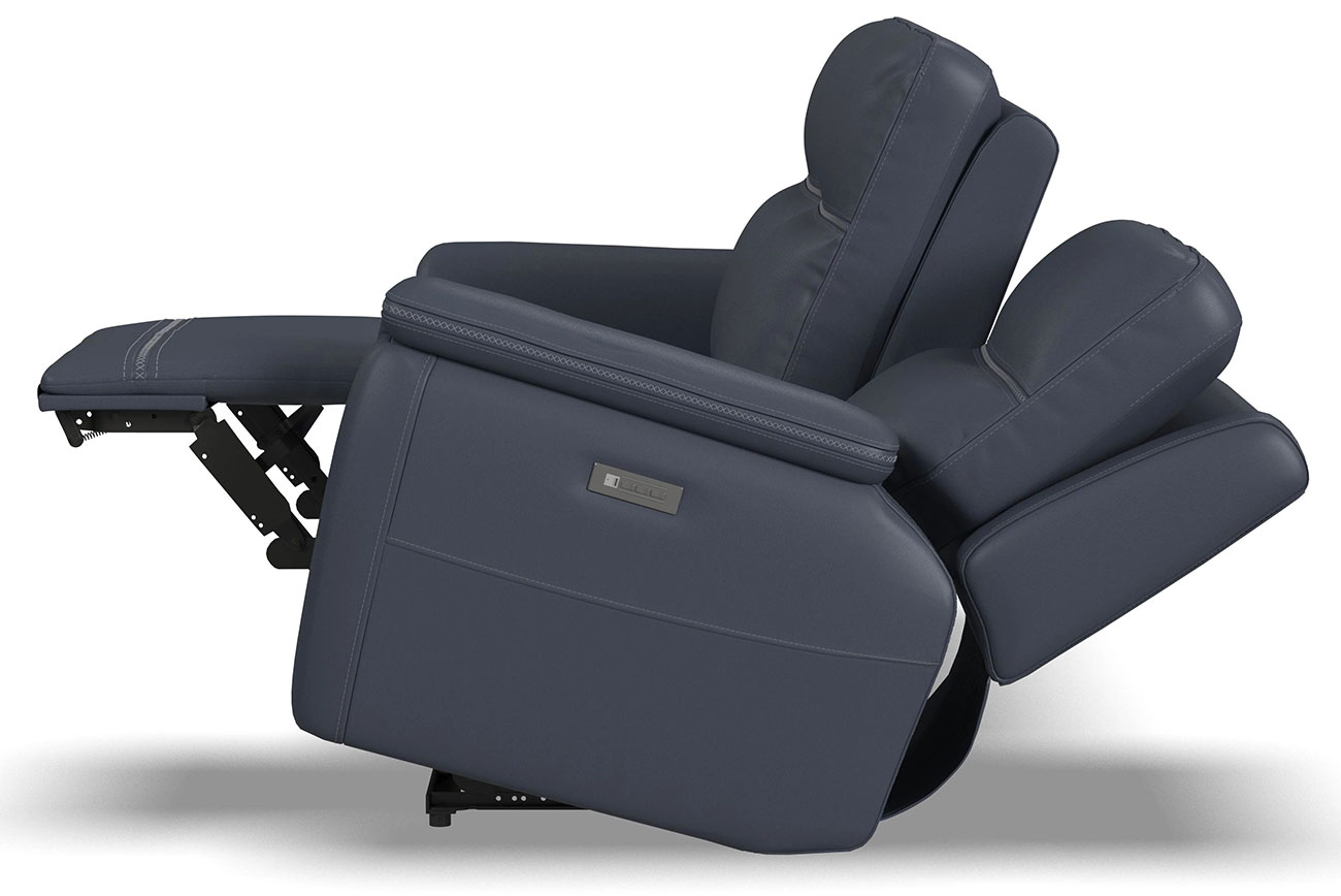 Side view of Flexsteel Sawyer Blue Leather Power Reclining Sofa