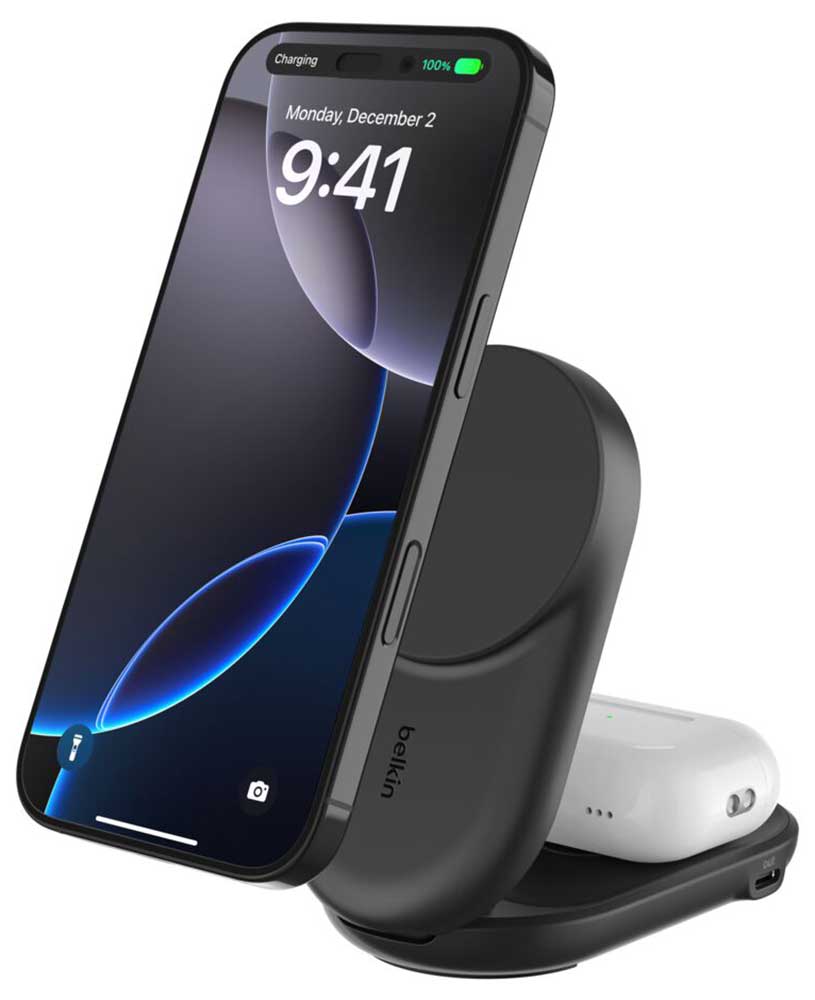 Front Angled view of UltraCharge 2-in-1 Foldable Magnetic Charger with Qi2 25W (Devices)