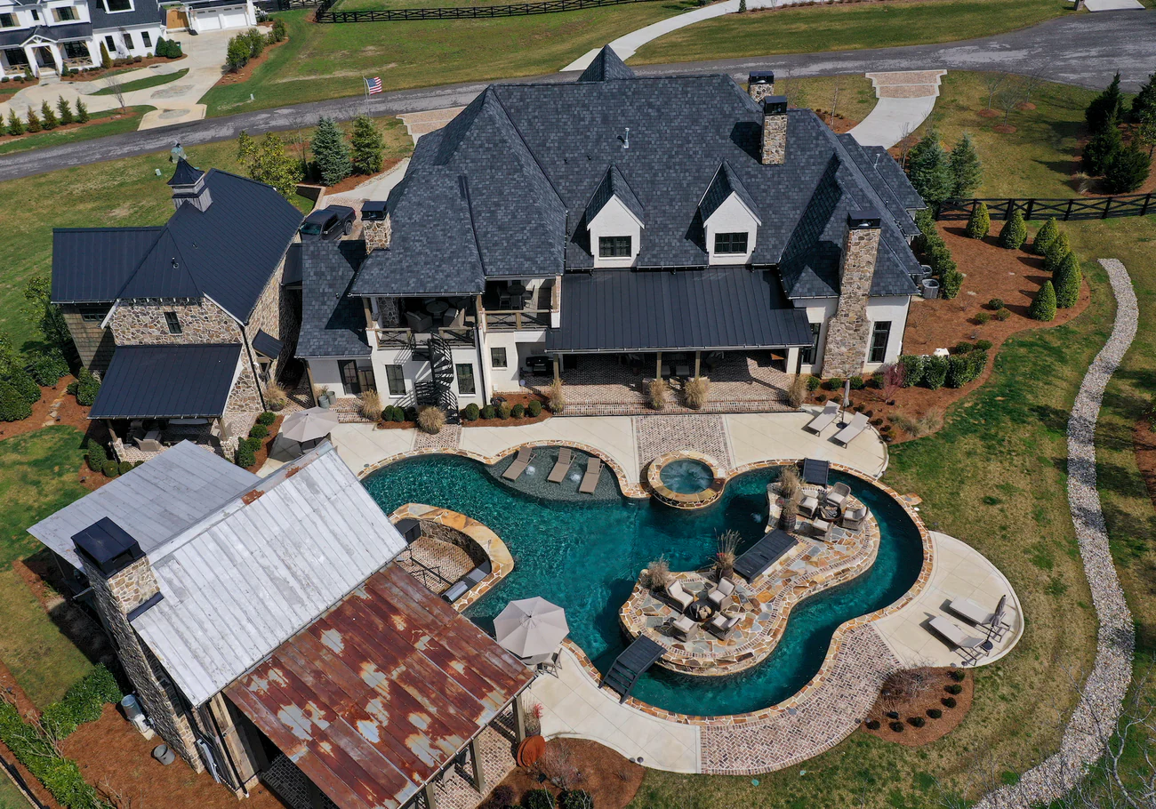 Aerial view of outdoor living with Sonance landscape audio