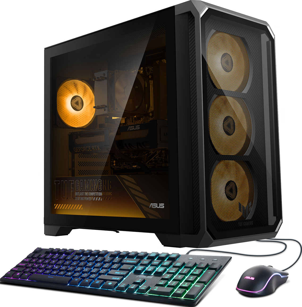 Front Angled View of ASUS Gaming Desktop and Accessories