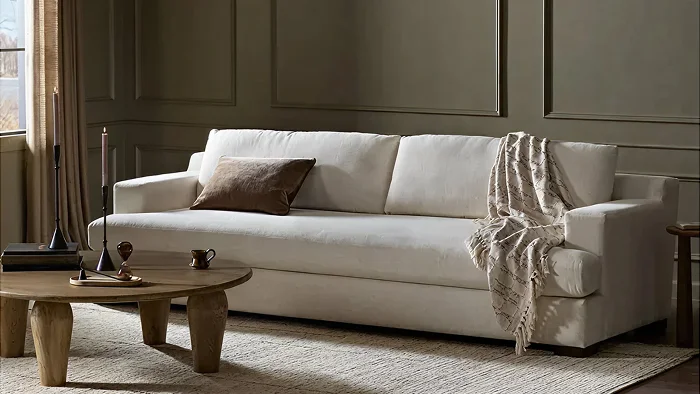 Modern Sofa with a throw pillow and blanket
