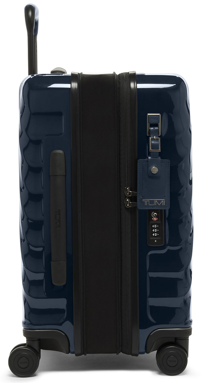 Side View of the TUMI 19 Degree Navy International Expandable 4 Wheeled Carry-On