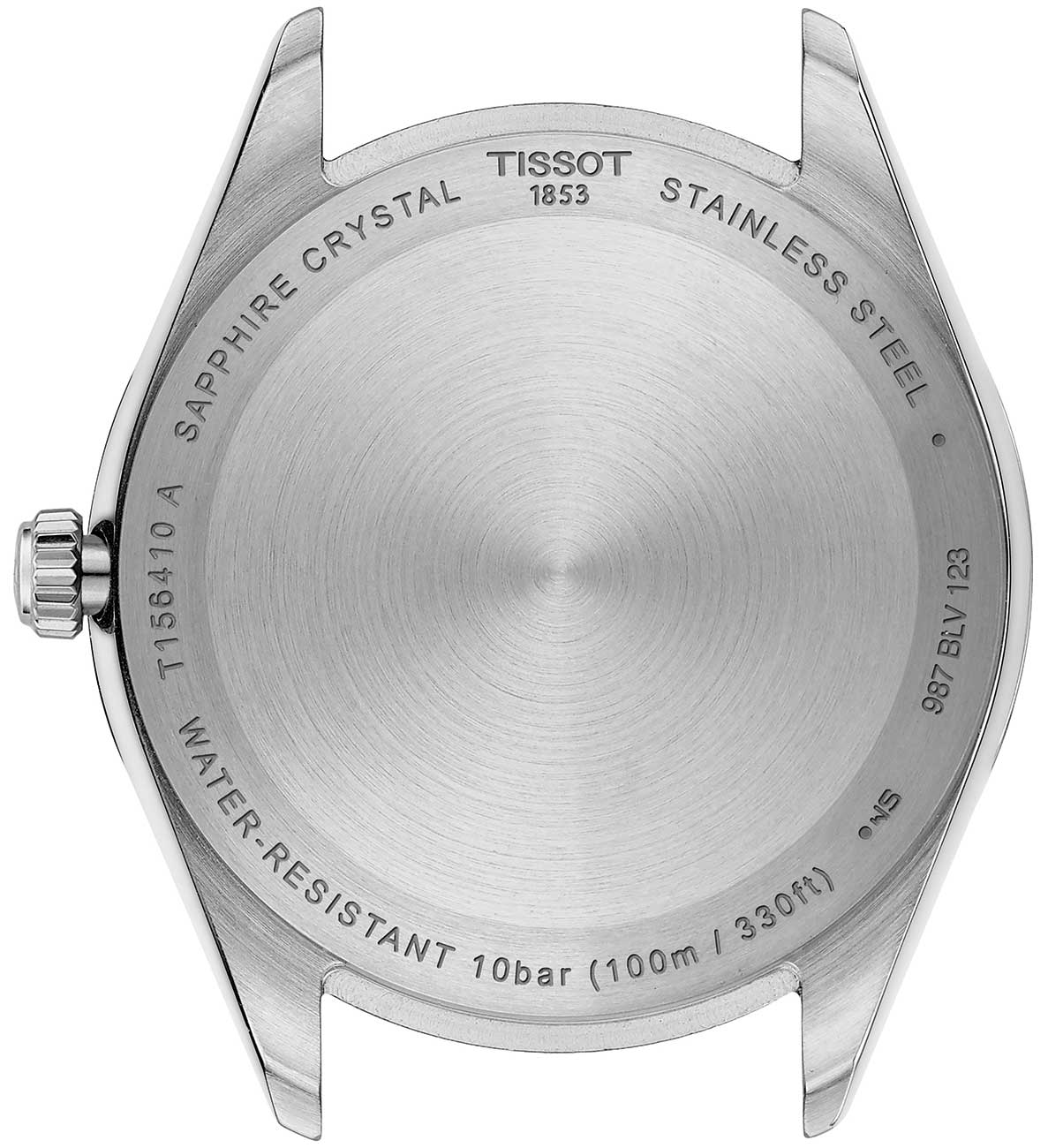 Back view of black dial and silver case watch