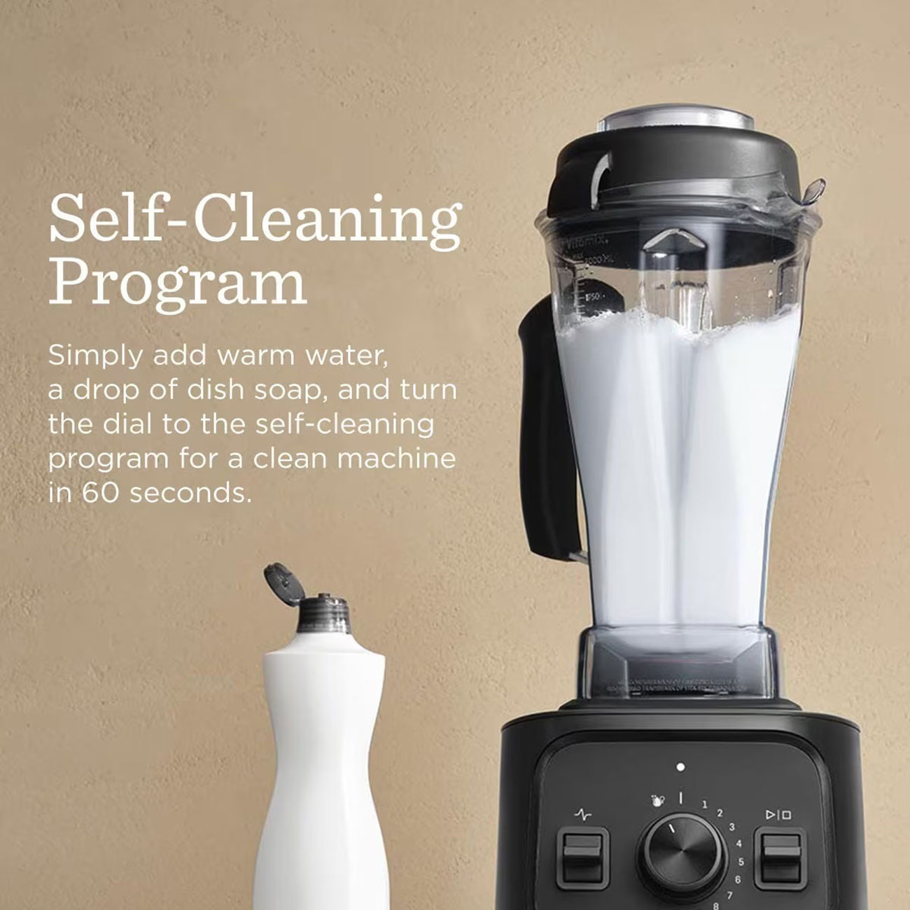 Front view of Vitamix VX1 Blender self cleaning graphic