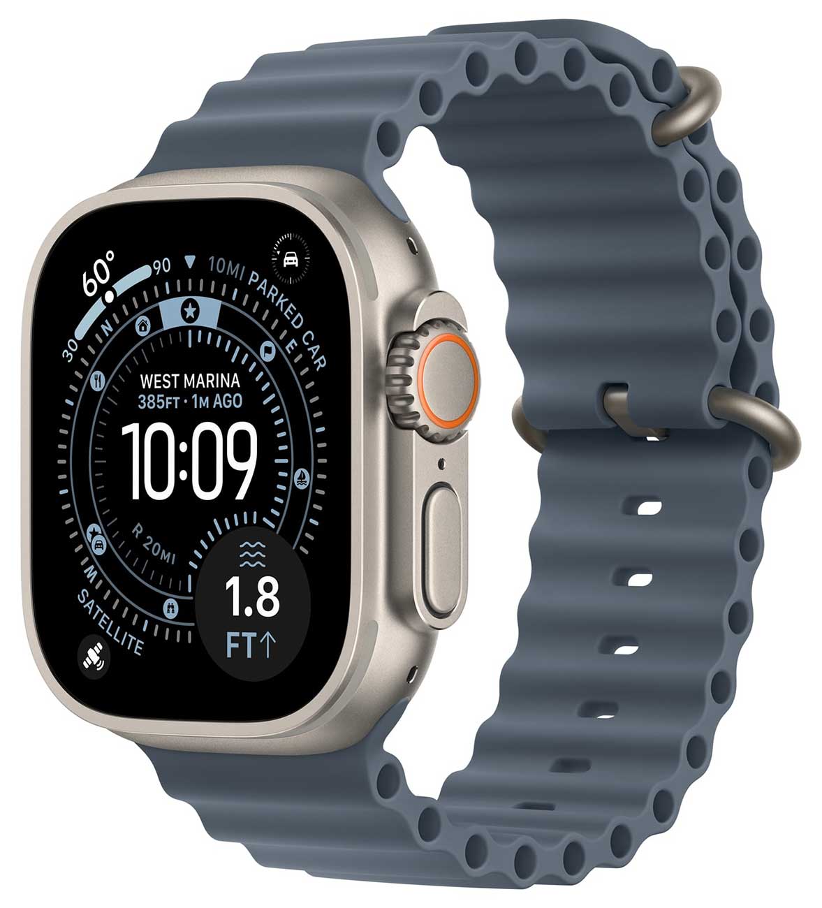 Front Angled view of Apple Watch Ultra 3 GPS & Cellular 49mm Natural Titanium Case with Anchor Blue Ocean Loop