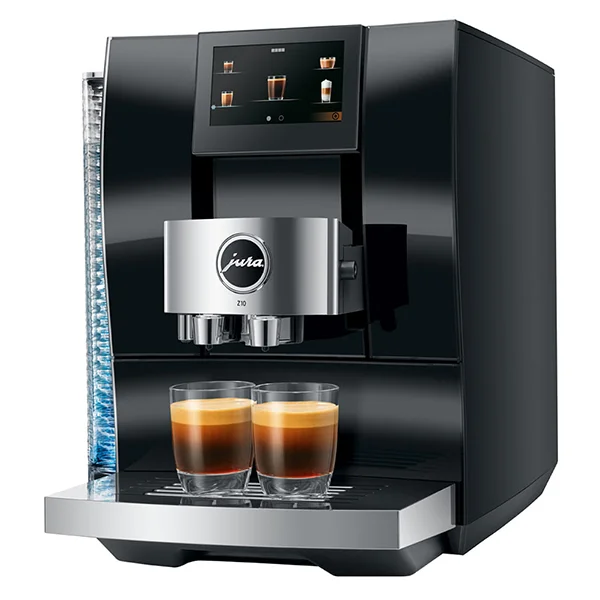 A black Jura Z10 coffee machine with two shots of espresso sitting on the tray