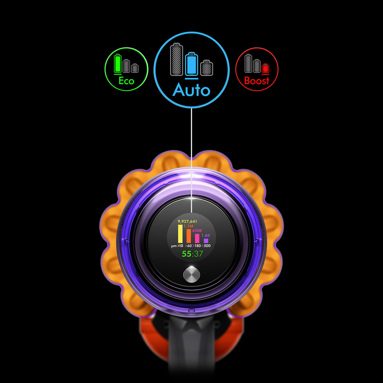 Top Digital Power and Mode Display on a Dyson V15 Cordless Handheld Vacuum
