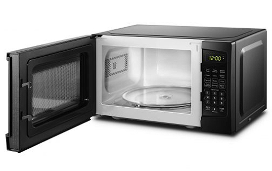 Left angle view of open microwave.